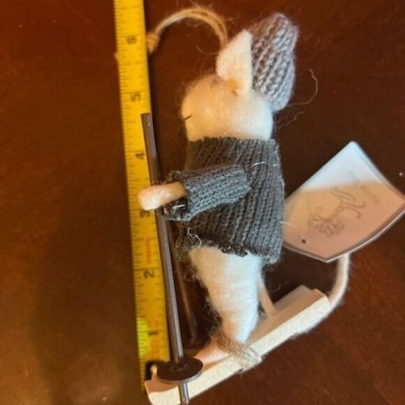 Felted Mouse Christmas Ornament On Skis With Knit Sweater & Hat By Silver Tree - Picture 2 of 7